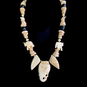 Hand Carved Elephants Bone and Brass Necklace